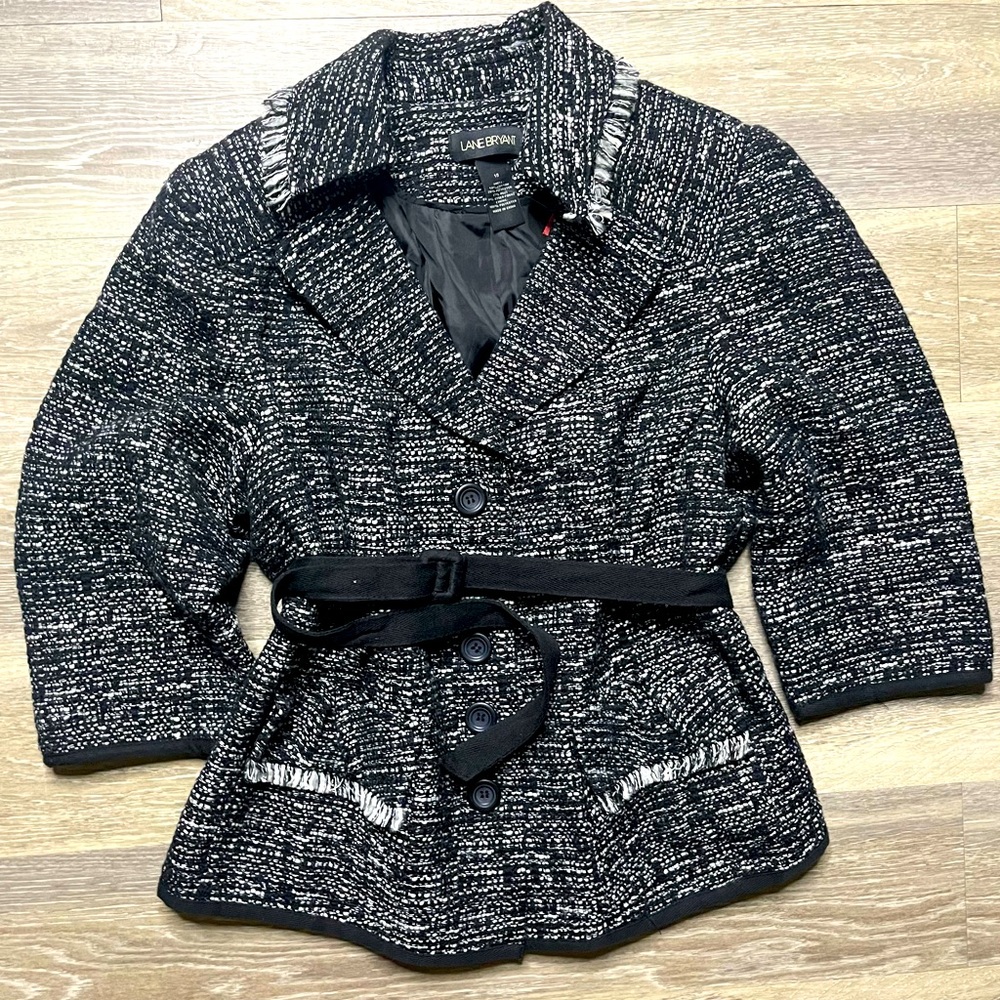 Lane Bryant heathered black gray blazer fringe
